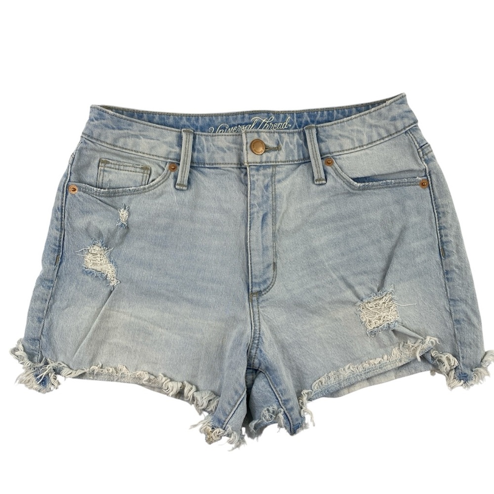 Universal Thread Blue Light  Wash‎ High Rise Distressed Shortie Jean Shorts Sz 4